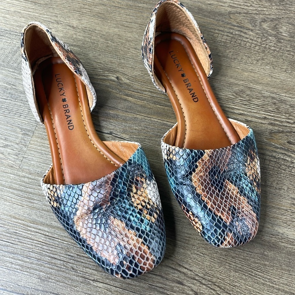 Lucky Brand Women’s DROWE Leather D'Orsay Flats  Tan Black Teal Snake Print, 6